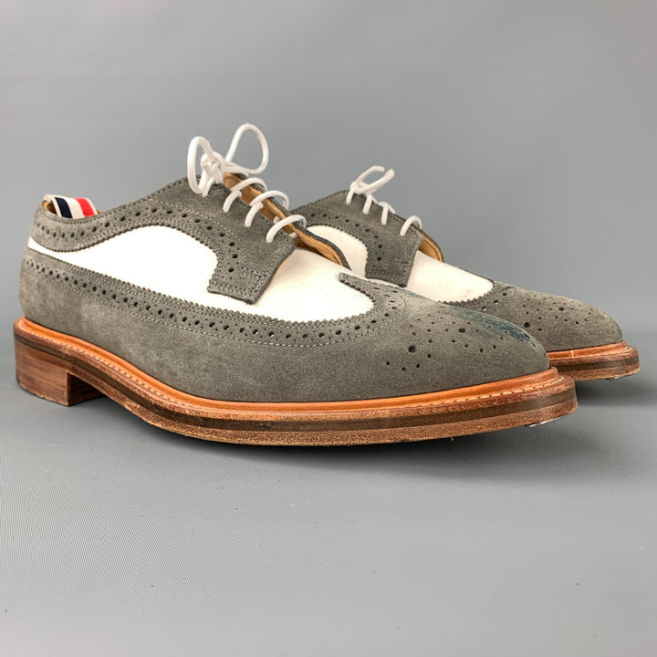 THOM BROWNE Size 9.5 Grey & White Two Toned Suede Wingtip Lace Up Shoes