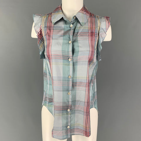 STELLA McCARTNEY Size M Blue Multi-Color Silk Plaid Ruffle Casual Top