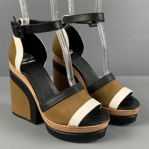 PIERRE HARDY Talla 7 Sandalias de tacón grueso con bloques de color de lona color oliva negro