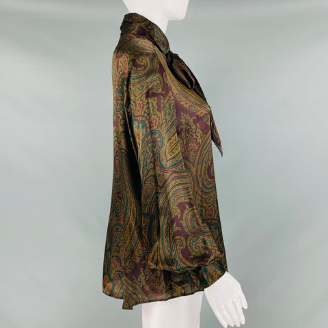 RALPH LAUREN Size 12 Multi-Color Silk Paisley Bow Blouse