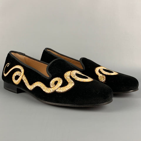 STUBBS &amp; WOOTTON Talla 9 Zapatos planos sin cordones bordados de terciopelo negro