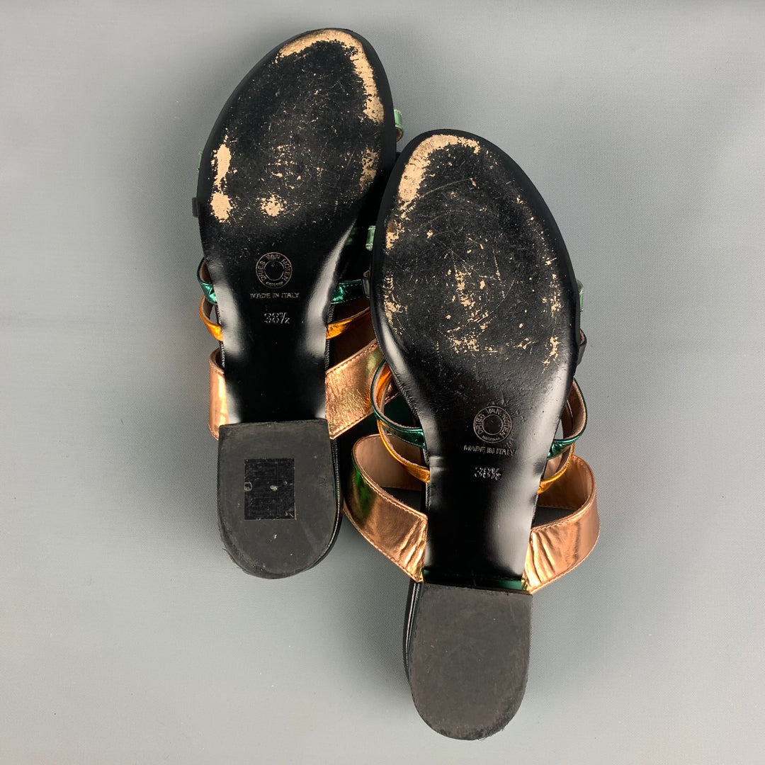 DRIES VAN NOTEN Size 8.5 Black, Gold &  Green Patent Leather Flat Sandals