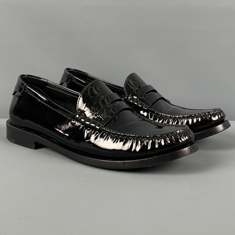SAINT LAURENT Talla 7.5 Mocasines Penny con monograma de charol negro