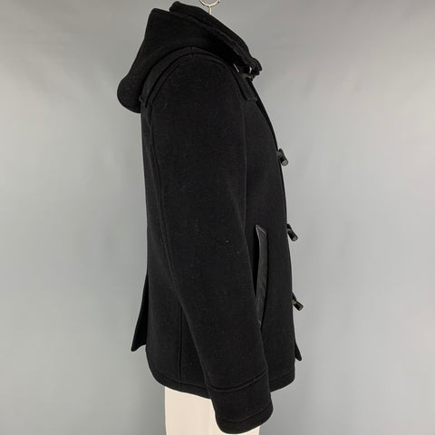 THE KOOPLES Size L Black Wool Leather Trim Toggle Closure Coat
