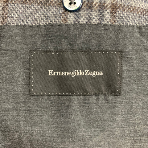 ERMENEGILDO ZEGNA Size 48 Regular Grey & Brown Plaid Cashmere Sport Coat