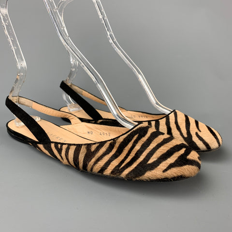 RALPH LAUREN Talla 8.5 Zapatos planos de pelo de becerro con estampado de cebra en beige y marrón