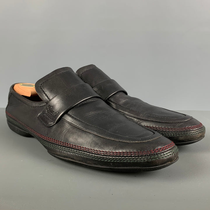 GUCCI Size 12 Black Contrast Stitch Leather Slip On Loafers