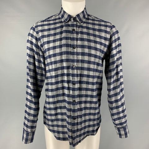 HOMECORE Size M Navy &  Gray Checkered Linen Blend Long Sleeve Shirt