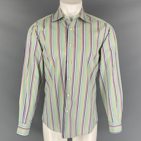 ETRO Size M Green Black Stripe Cotton Long Sleeve Shirt