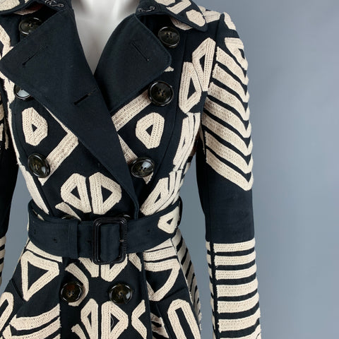 BURBERRY PRORSUM Talla 4 Abrigo cruzado de doble botonadura bordado de algodón blanco negro