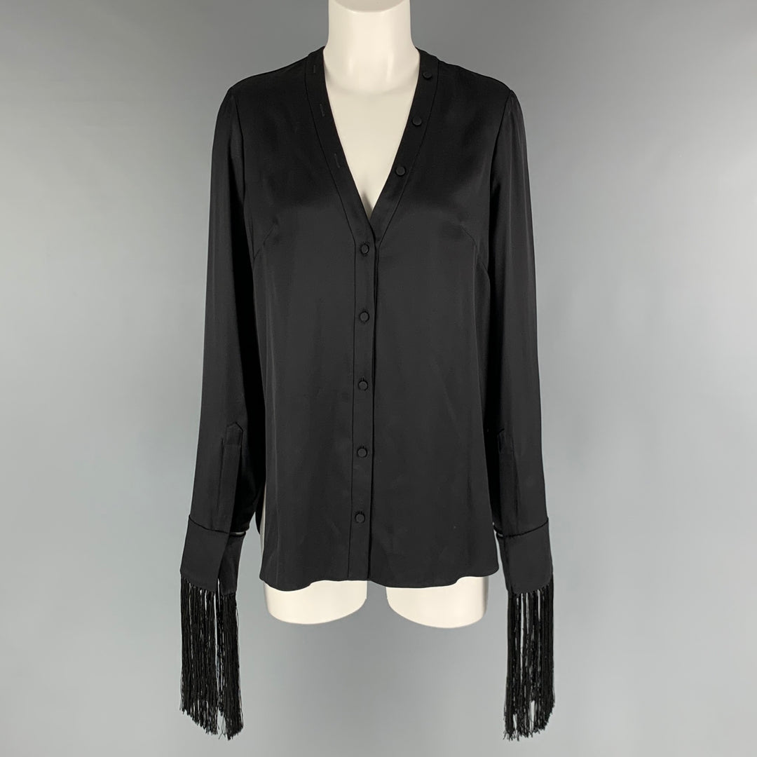 ALEXANDER MCQUEEN Size 2 Black Silk Solid Open Collar Shirt