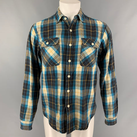 RRL by RALPH LAUREN Size M Blue Brown Plaid Cotton Flanel Long Sleeve Shirt