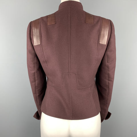 AKRIS Size 8 Burgundy Cashmere Leather Panel High Neck Jacket