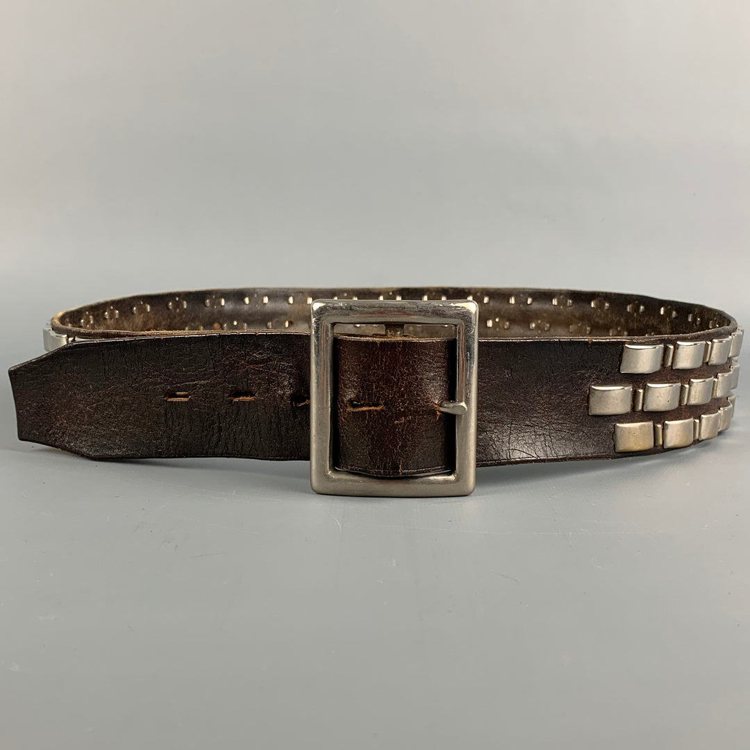 VINTAGE Size 38 Brown & Silver Studded Leather Belt