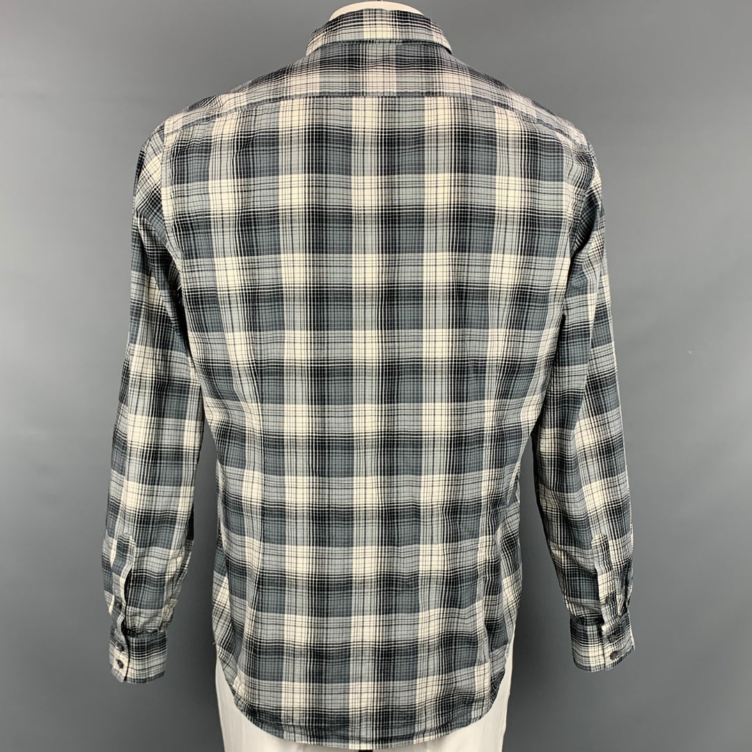 JOHN VARVATOS * USA Talla L Camisa de manga larga de algodón a cuadros gris y verde oliva