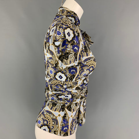PRADA Size 4 Light Blue Olive Silk Abstract Short Sleeve Blouse