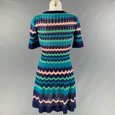 M MISSONI Size 2 Blue, Green and  Pink Polyester Stripe Short Sleeve Dress