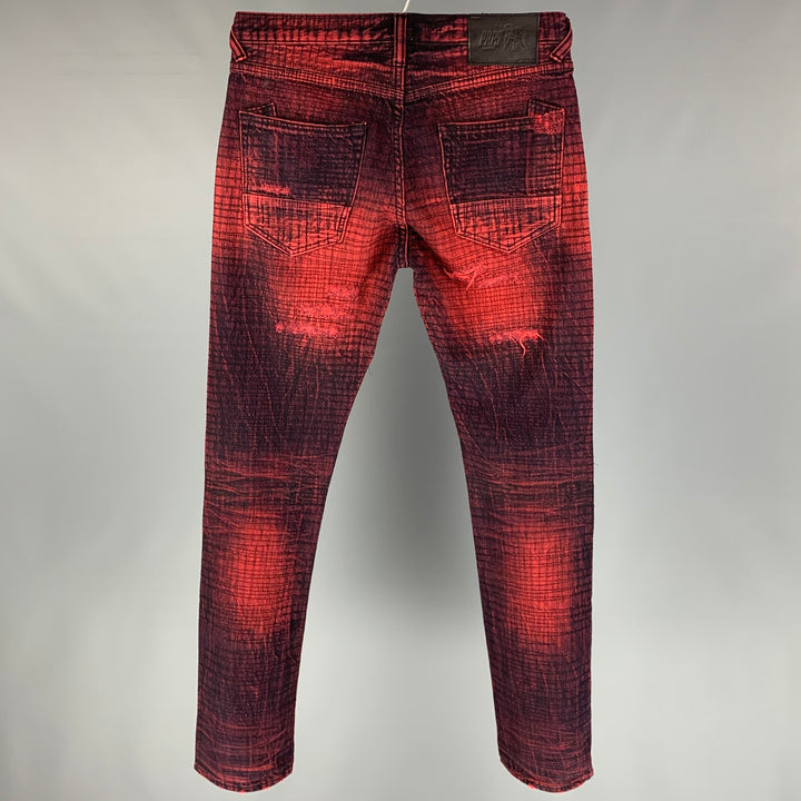 PRPS Size 32 Red & Black Distressed Denim Zip Fly Skinny Jeans
