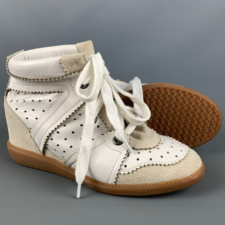 ISABEL MARANT Size 7 White Leather Perforated Wedge Sneakers