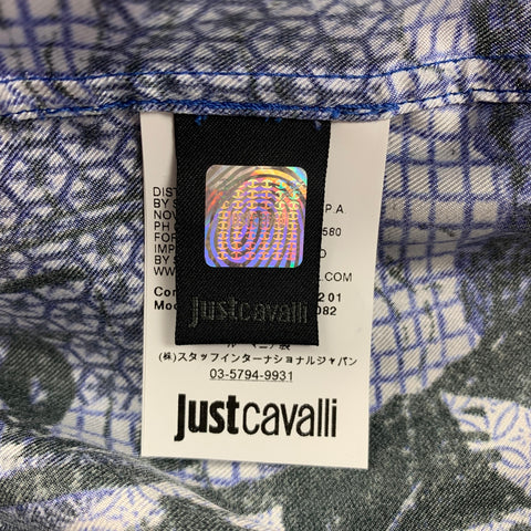 JUST CAVALLI Size L Navy & Yellow Print Silk French Cuff Long Sleeve Shirt