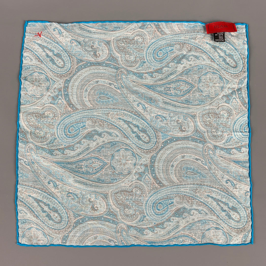 ISAIA Turquoise Taupe Paisley Cotton Silk Pocket Square