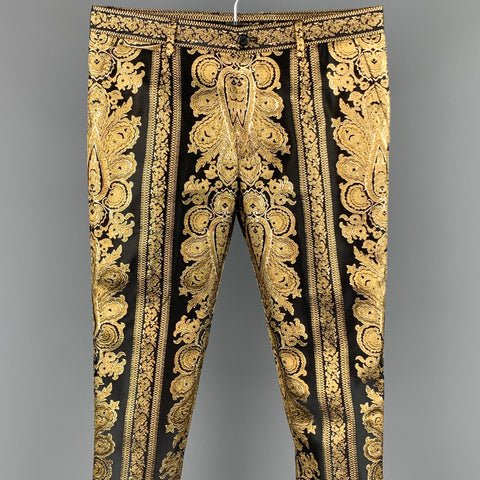 DOLCE & GABBANA Size 28 Black & Gold Metallic Brocade Polyester Blend Dress Pants