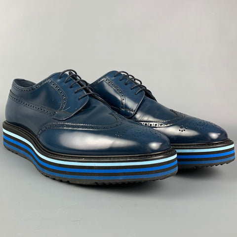 PRADA Size 13 Navy & Blue Perforated Leather Platform Lace Up Shoes