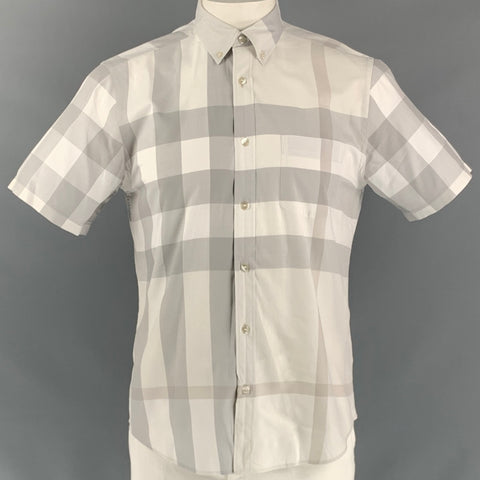 BURBERRY BRIT Size L White & Gray Plaid Cotton Button Down Short Sleeve Shirt