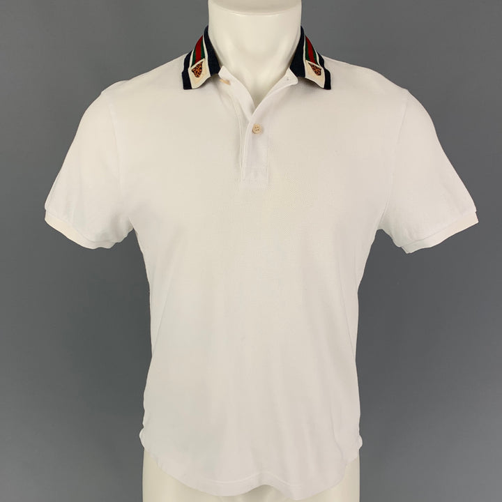 GUCCI Size S White Cotton Stripe Collar Polo Shirt