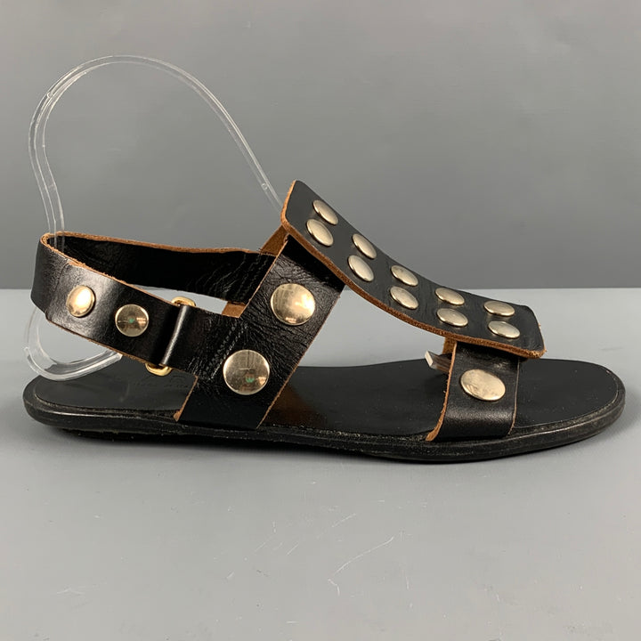 MARNI Size 7 Black Tan Leather Studded Ankle Strap Sandals