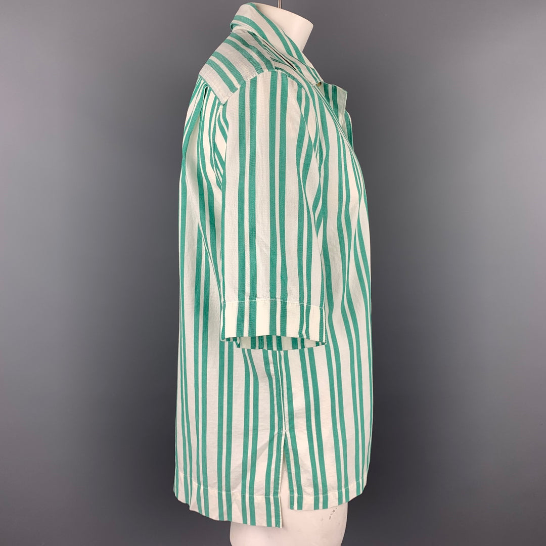 ACNE STUDIOS Size XL Green & White Stripe Cotton Camp Short Sleeve Shirt