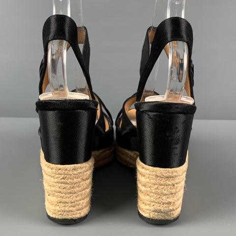 HOGAN Talla 6.5 Sandalias de cuña de alpargata de tela negra y beige