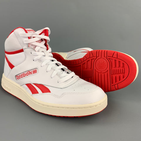 REEBOK Size 10.5 White & Red Leather High Top Sneakers