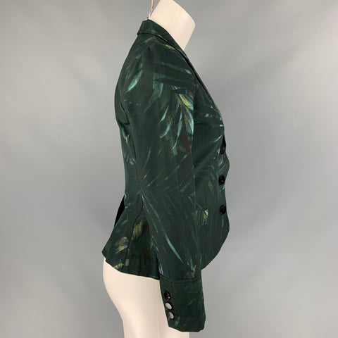 LANVIN 2011 Size 6 Dark Green & Blue Leaf Print Viscose Jacket