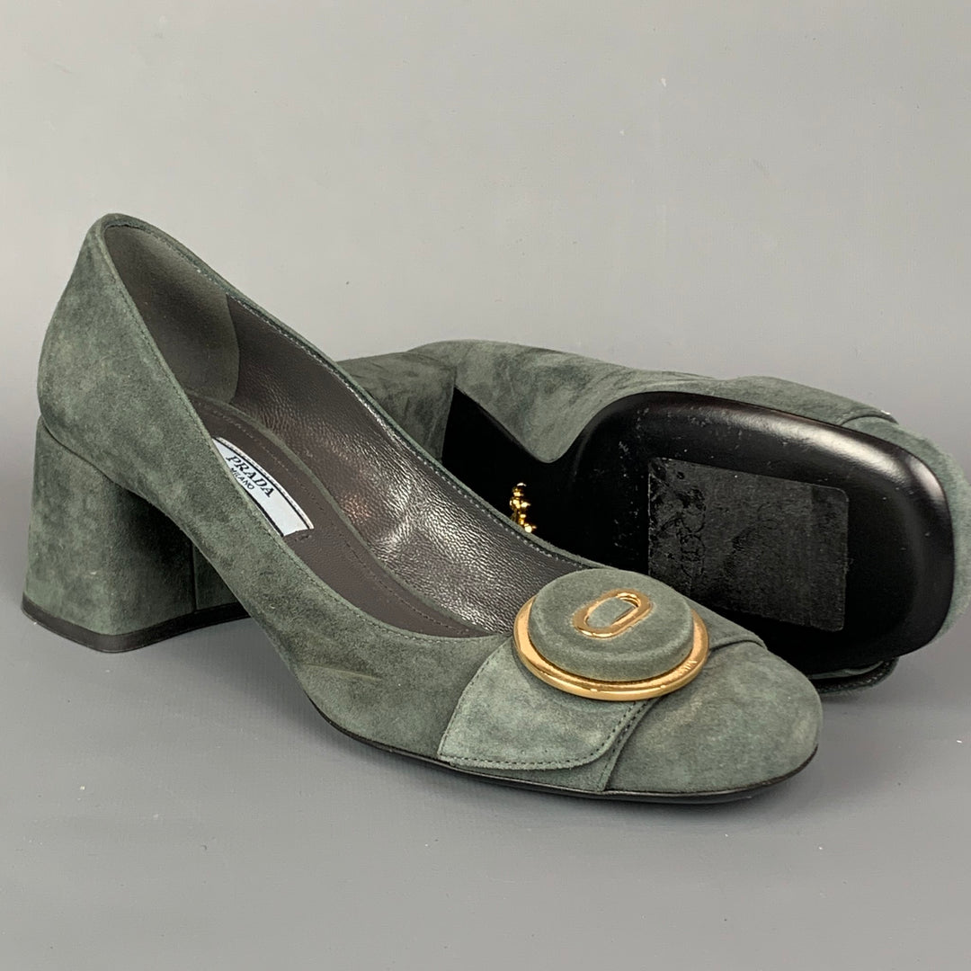 PRADA Size 7 Grey & Gold Suede Chunky Heel Pumps
