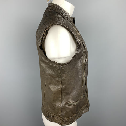 NEIL BARRETT Size S Brown 'Military' Camo Lining Distressed Leather Vest