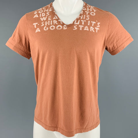 MARTIN MARGIELA Taille S T-shirt col V en coton imprimé marron blanc