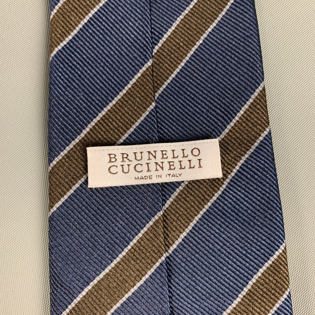 BRUNELLO CUCINELLI Navy Brown Diagonal Stripe Silk Tie