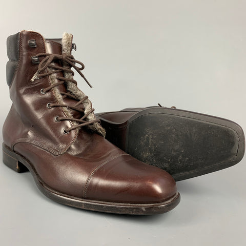 EMPORIO ARMANI Taille 9 Bottes à lacets doublées de fausse fourrure en cuir marron