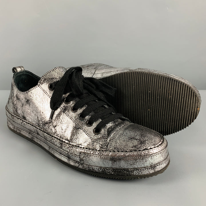 ANN DEMEULEMEESTER Size 9 Silver Black Metallic Leather Lace Up Sneakers