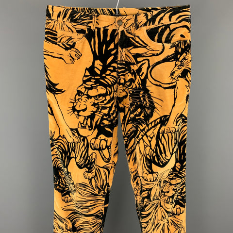 MOSCHINO Talla 34 Pantalones casuales con corte jean de terciopelo con estampado de tigre beige y negro