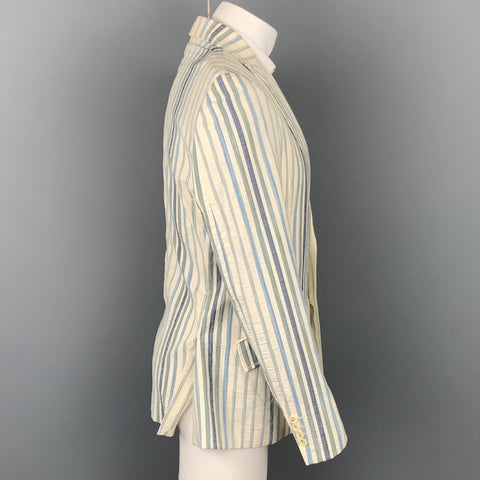 JUST CAVALLI Size 40 Cream & Blue Stripe Cotton Blend Peak Lapel Sport Coat