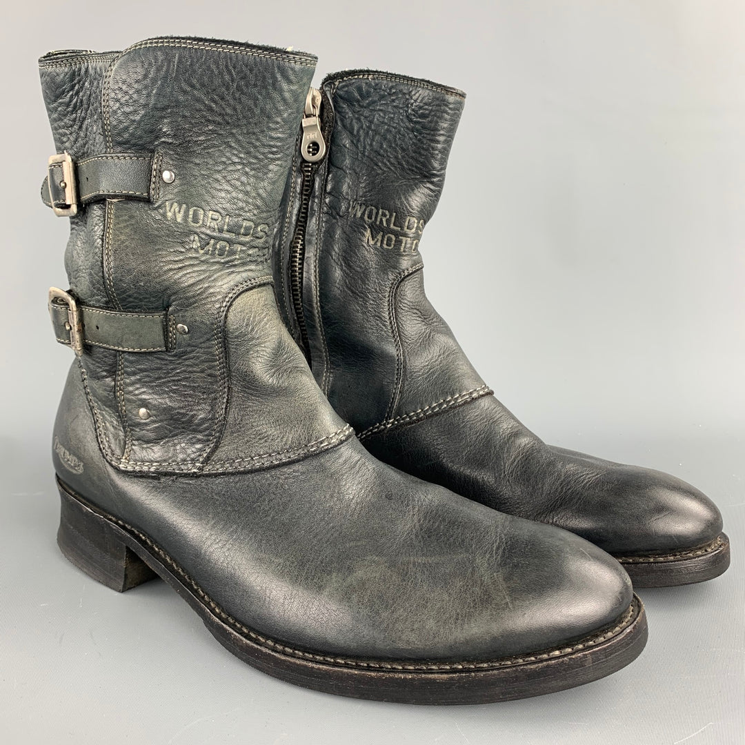TRIUMPH by PAUL SMITH Size 9.5 Black Distressed Leather Side Zipper Boots
