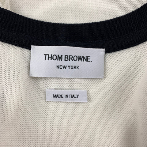 THOM BROWNE Size S White & Navy Knitted Cotton Cardigan