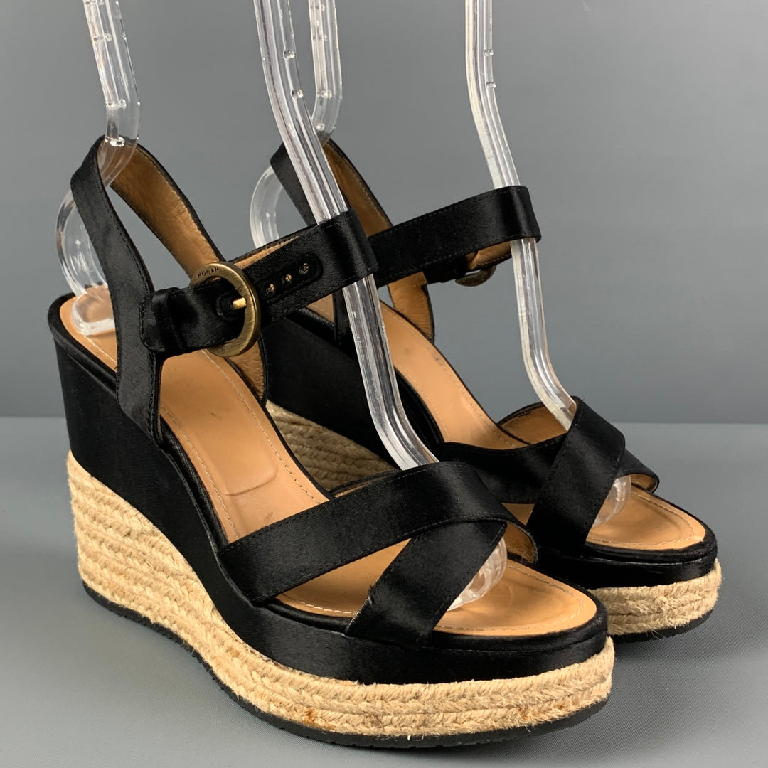 HOGAN Size 6.5 Black Beige Fabric Espadrille Wedge Sandals