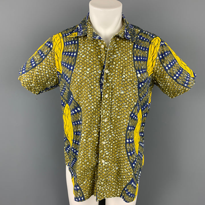 WOOLRICH Size L Yellow & Blue Print Cotton Button Up Short Sleeve Shirt