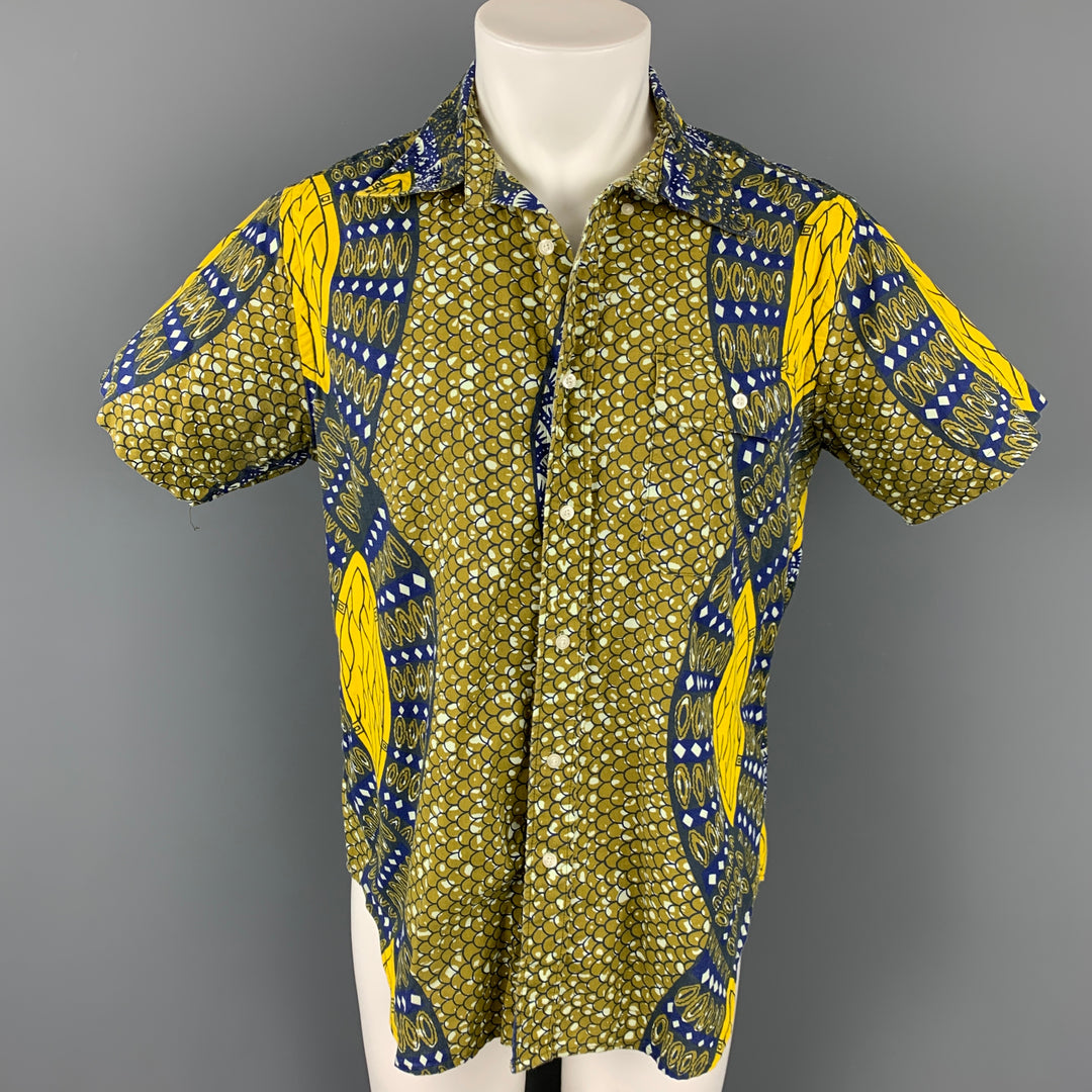 WOOLRICH Talla L Camisa de manga corta con botones de algodón con estampado amarillo y azul