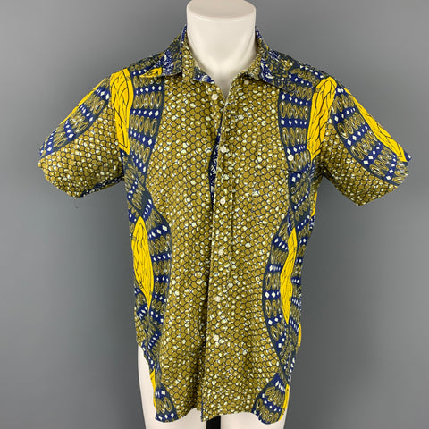 WOOLRICH Taille L Chemise à manches courtes boutonnée en coton imprimé jaune et bleu
