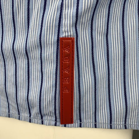 PRADA Size M Blue Stripe Cotton Button Up Short Sleeve Shirt