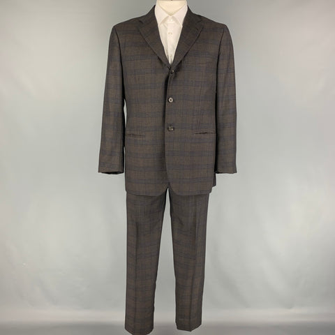KITON Size 44 Brown Blue Plaid Cashmere Notch Lapel Suit